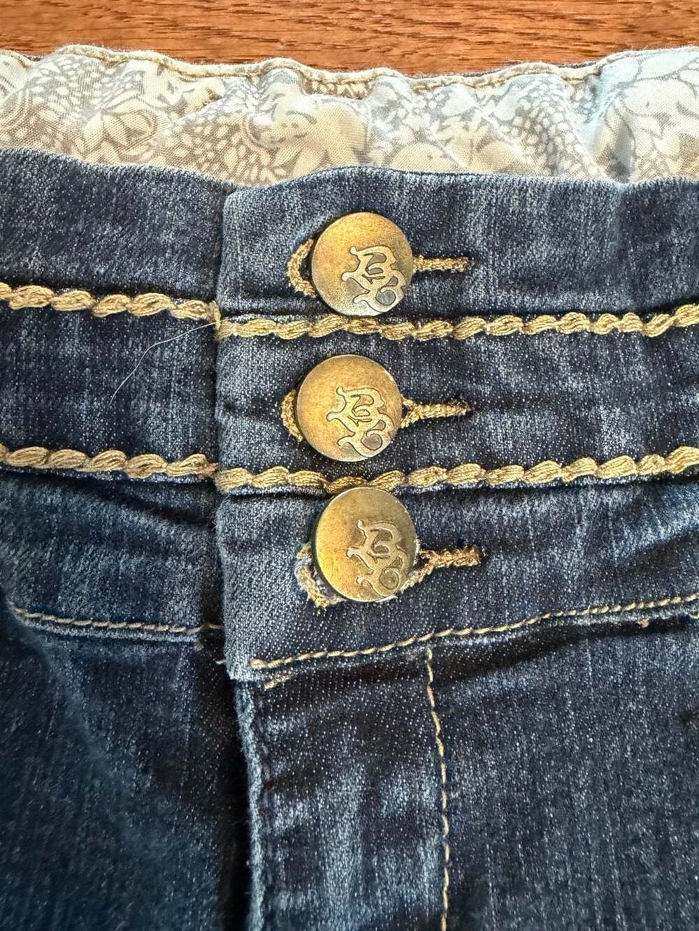 Boom Boom Jeans Dark Denim Shorts with Gold Embroidery and Button Closure